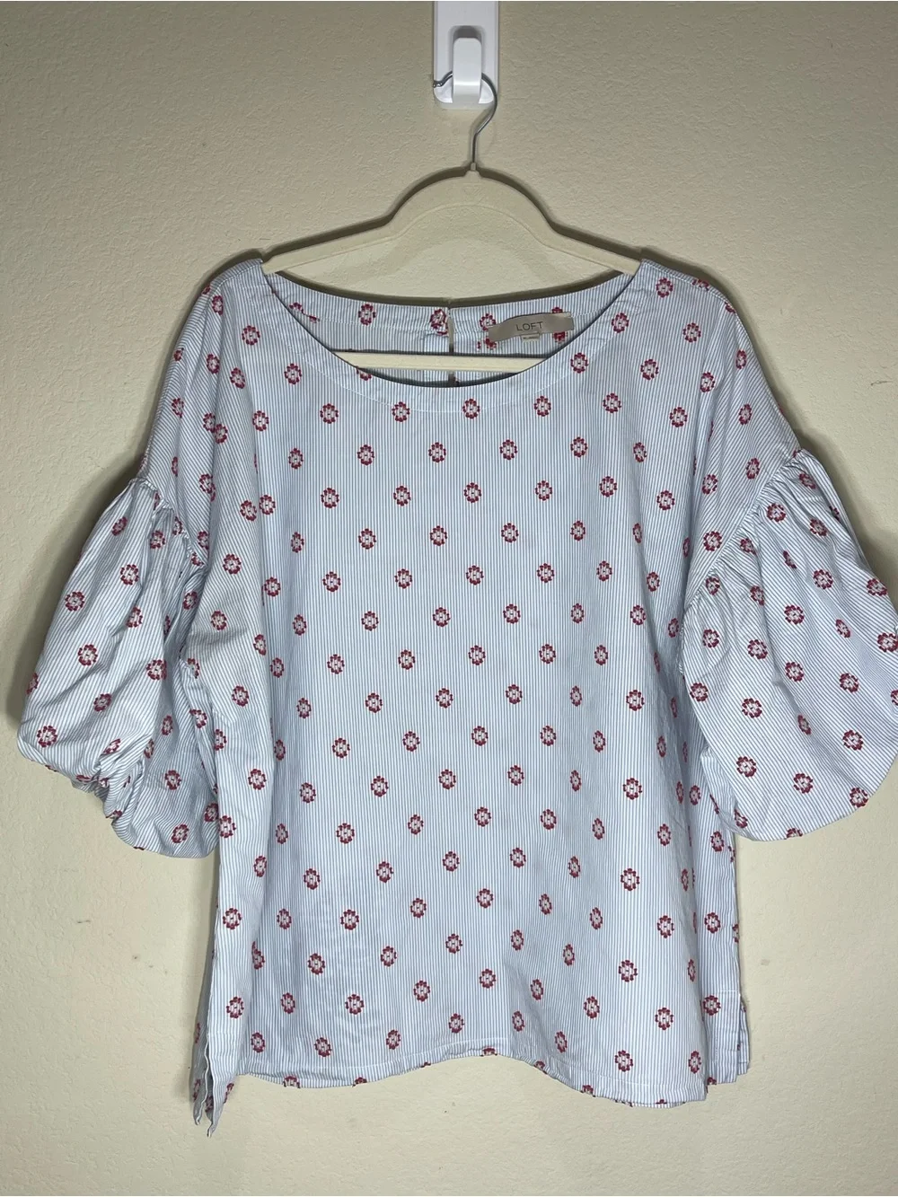 LOFT Floral Puff Sleeve Blouse Blue Striped Red Print XL
